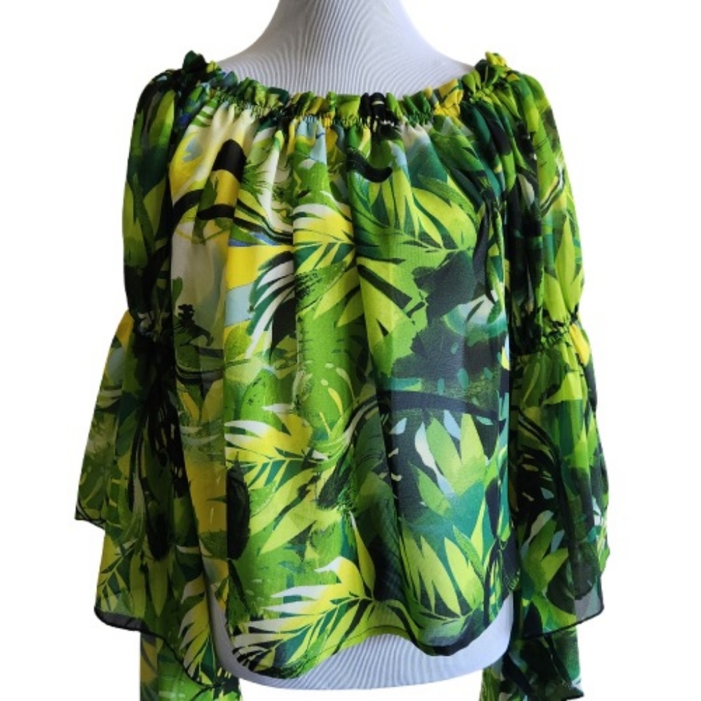 Live 4 Truth Boho Tropical Print Asymmetrical Ruffled Sleeve Top - Picture 5 of 15